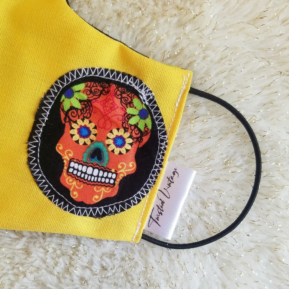 Handmade Ladies Reversible Face Mask Black Yellow Halloween Candy Sugar Skull